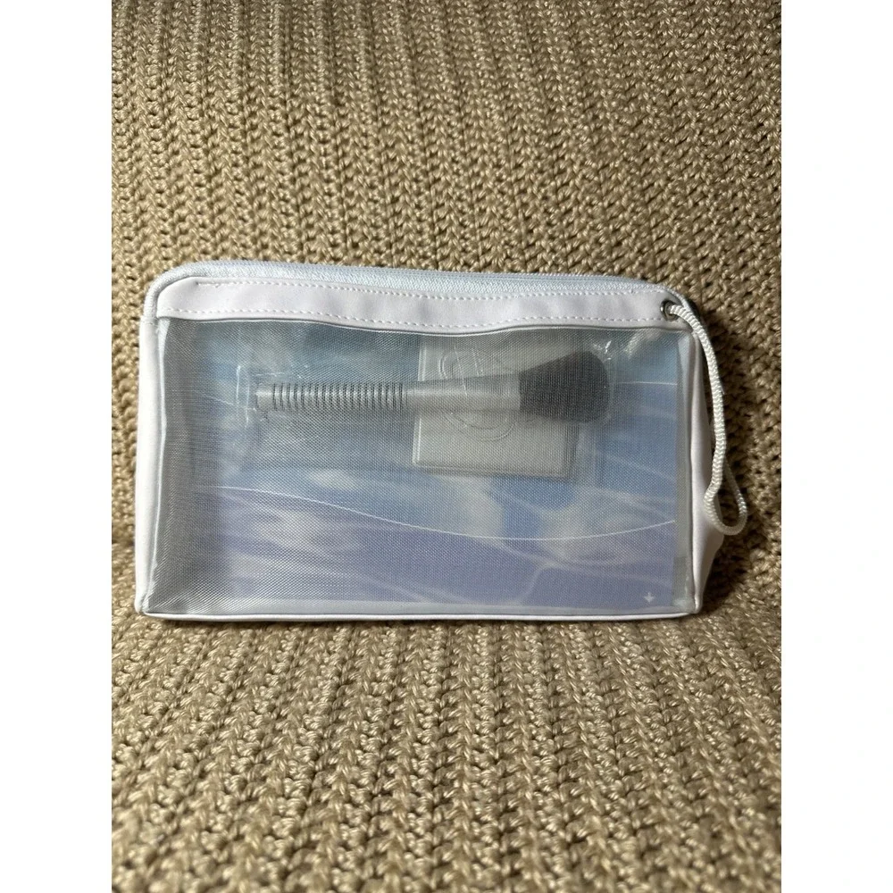 Makeup Cosmetic White Zipper Bag Pouch with Compact Mirror & Brush